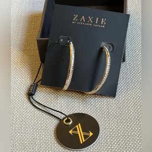 NWT Zaxie genuine gold plated 2” diameter hoop earrings with CZ diamonds.
